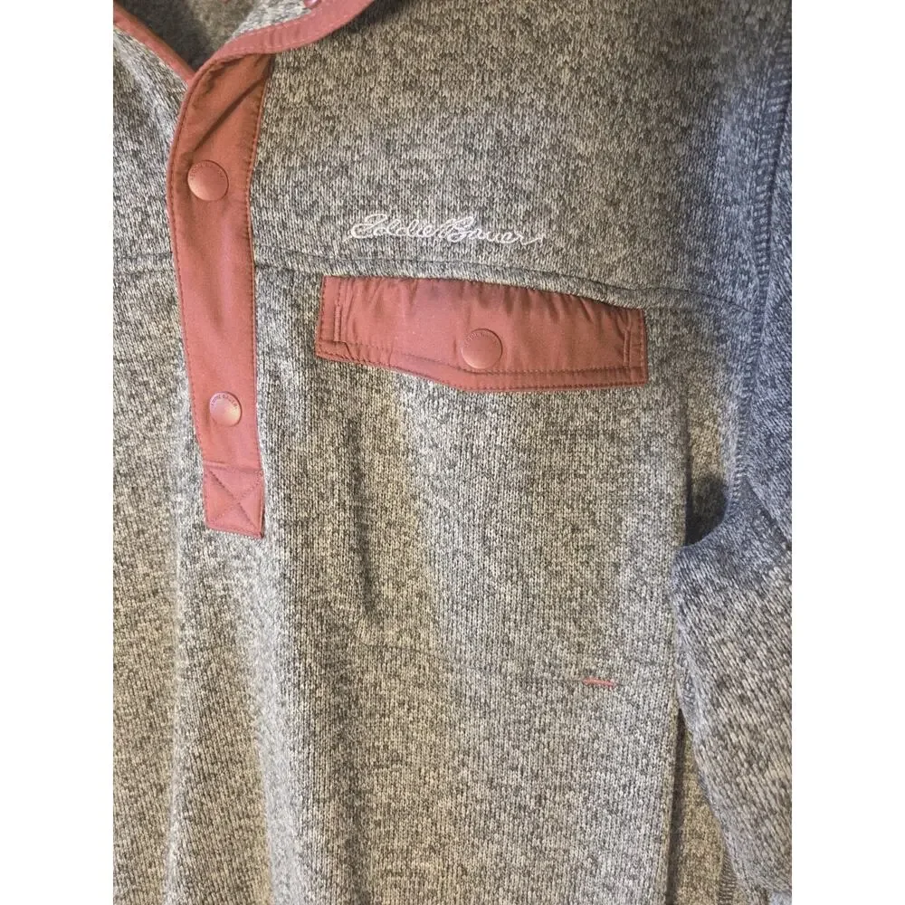 Eddie Bauer Mens L Pullover Fleece 1/4 Snap Gray & Rust Zip Pockets Gorpcore